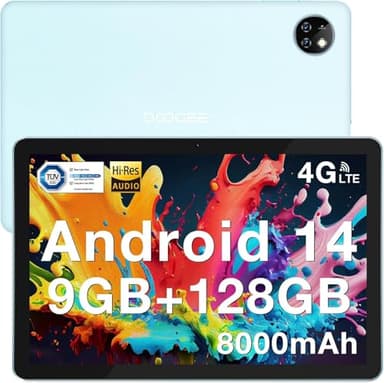 DOOGEE T10W Tablet 10 Pulgadas, Android 14 Tablet, 8000mAh Dual 4G LTE + 5G WiFi, Tableta 128GB / Certificación TÜV SÜD/Face ID/Certificación Hi-Res/OTG/ BT5.0/ Tipo-C/ 3.5mm Jack Azul