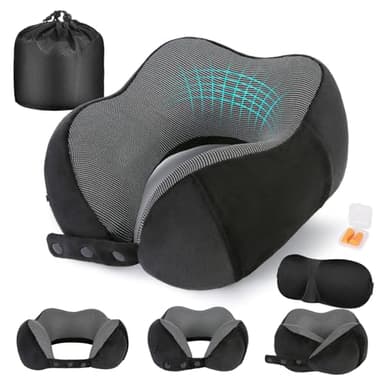 Cirorld Almohada de Viaje Cuello, Cojin de Viaje Cuello para Avión y Coche, Cojin Cervical Viaje Viscoelástica de Espuma Memoria, Ajustable y Compacta, con Máscara de Ojos, Tapones y Bolsa