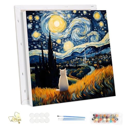 MEIYUDA Pintar por Numeros Adultos con Marco Van Gogh Noche Estrellada Gato, DIY Pintura por Numeros Kit Manualidades Adultos, Pigmento Acrílico, Decoración para el Hogar Regalo de pared 30x30cm