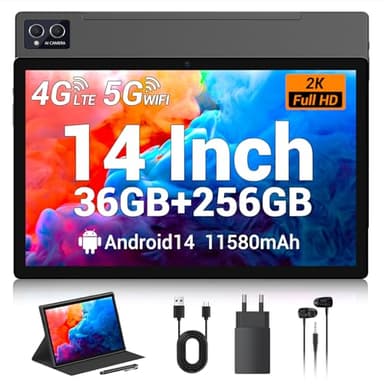 TIGERFU Tablet 14 Pulgadas, Android 14.0 Tablet con Ranura SIM, 36GB RAM+256 GB ROM (1TB TF),4G LTE+5G WiFi,Octa Core 2.0GHz,8MP+13MP,11580mAh,BT 5.0,FHD,GPS,Tableta con Lápiz y Funda Protectora-Gris