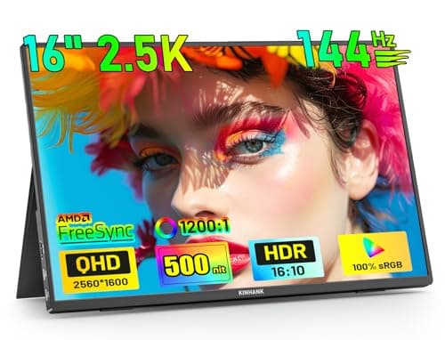 Kinhank Monitor Portátil 2.5K|144Hz|16 Pulgadas|500Nits|HDR|FreeSync|100%sRGB|1200:1 IPS Pantalla Portatil con HDMI USB C para Laptop Mac PC PS4/5 Xbox Switch,con Funda Protectora, Compatible con VESA