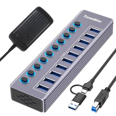 Tccmebius USB Hub Alimentado, Aluminio Hub USB 3.0/USB C a 10 Puertos 5Gbps Datos con Interruptor Independiente LED, Adaptador de Corriente 12V/3A, 2-en-1 Cable Datos 100CM, para Laptop PC (TCC-T310U)