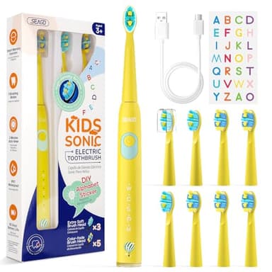 Seago Cepillo Electrico Infantil, Cepillo Dientes Electrico Niños Recargable con Divertidas Pegatinas DIY, 8 Cabezal de Recambio, 5 Modes y Temporizador de 2 minutos, Amarillo