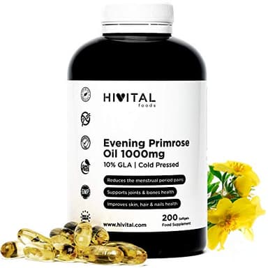 Aceite de Onagra 1000 mg con 10% Omega 6 GLA. 200 perlas de Aceite Natural Prensado en frio. Para más de 6 meses de tratamiento. Contiene un 10% de GLA y Vitamina E. Fabricado en España por HIVITAL