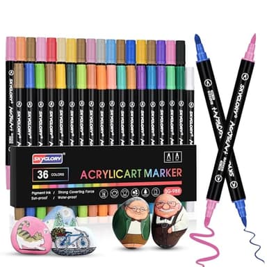Damcyer Rotuladores Acrilicos, 36 Colores Rotulador Acrilico Permanentes Doble Punta con Fina y Pincel Rotuladores de Pintura Acrílica para Pintar Piedras, Tela, Cerámica