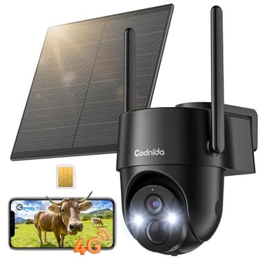 Codnida 4G LTE Camara Vigilancia con Tarjeta Sim, 2K Cámara Exterior con Placa Solar, PTZ Camera sin Cable, Detección de Movimiento PIR, Audio Bidireccional, Visión Nocturna en Color
