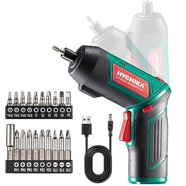 HYCHIKA Destornillador Eléctrico 6N.m, Atornillador Eléctrico Inalámbrico 3.6v Batería 2000mAh (Máximo Par 6 N.m) LED Luz, Mandril Magnétic, Cable USB, 20 Accesorios