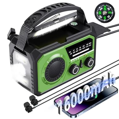 BIAOQINBO Radio solar de 16000 mAh, radio AM/FM, portátil, USB, con batería recargable de 59200 mWh, linterna LED, alarma SOS y dinamo de manivela para camping, viajes (verde hierba)