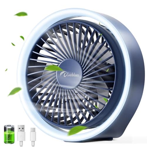 Diveblues Pequeño Ventilador de Escritorio USB con Luz LED, Mini Ventiladores Portátil, Ventilador Mesa Recargable, Giratorio 180°, Ventoinha Silencioso para Dormir, Oficina, Hogar y Acampar