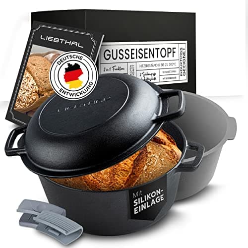 LIEBTHAL Olla de hierro fundido para hornear pan, robusta sartén con inserto de silicona antiadherente a medida, molde para hornear pan con tapa de 4,6 l, sartén para hornear, freír y guisar