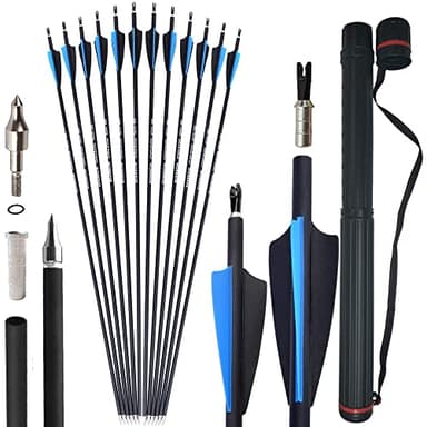 SHARROW 32" Flechas Carbono Spine 500 Flechas de Caza Flechas para Adultos con 3 Plumas de Caucho para Arcos y Flechas Arco Recurvo de Caza Arco Compuesto Tiro con Arco Arco Largo (6pcs, Azul+carcaj)