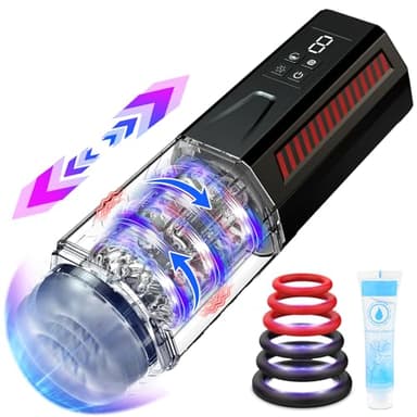 Masturbador Masculino Juguetes Sexuales para Hombre - Masturbador Hombre Automatico LED Juguetes Eroticos con 7 Vibración y Empuje y Rotativa, 3D Vagina Masturbádores Masculino Real con 6 Anillo Pene