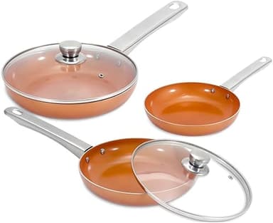 MAXELLPOWER JUEGO DE 3 SARTENES ANTIADHERENTES 2 TAPAS COLOR COBRE COPPER PAN APTO HORNO. NO INCLUYE CUCHILLOS