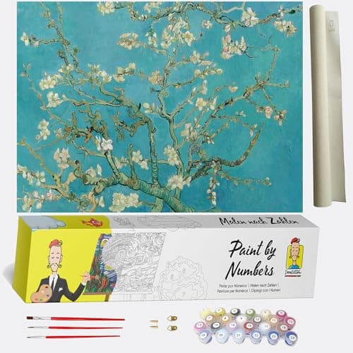 Pintar por números para Adultos Van Gogh Flores de Almendra – Pintura para Pintar por números con Pinceles y Colores Brillantes - Cuadro de Lienzo con numeros pre Dibujado fácil de Pintar – Van Gogh