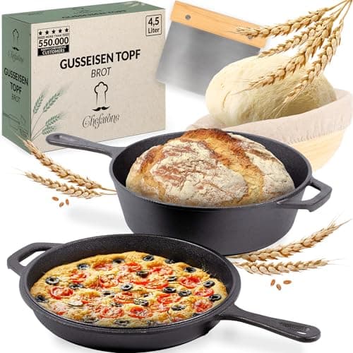 Olla de hierro fundido 26CM cesto de frementación - compatible con inducción - Asador 2 en 1 de hierro fundido 3L con sartén 1,5L - olla de hierro fundido para hornear pan - olla para asar