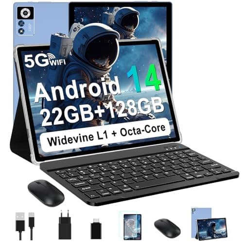 ZIOVO Android 14 Tablet 10 Pulgadas, 22GB RAM+128GB ROM (TF 1TB), 5G WiFi, Widevine L1/Octa-Core/2.0 GHz/8000mAh/Cuerpo Metálico/8+5MP/ Tablet 2 en 1 con Teclado y Ratón- Azul