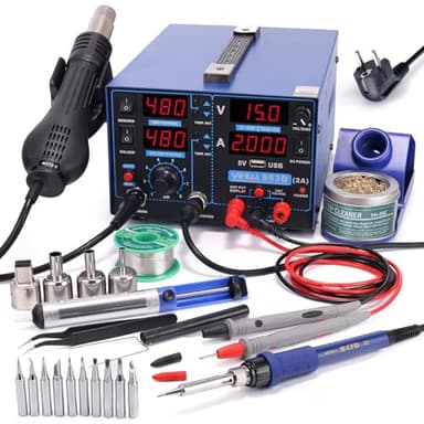 YIHUA 853D 2A USB Estación de soldadura y estación de soldadura de aire caliente alimentador 0-15VDC Estación 3 en 1 con puerto de carga USB5V voltímetro de 35VDC para reparación de teléfonos móviles