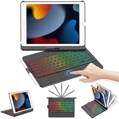 CC Store Teclado iPad 9 Generacion, Giratorio 360°,Retroiluminado, Eclas Multitáctiles y Teclado Touchpad Español, Diseño QWERTY, Funda Teclado iPad 10.2 9th/8th/7th
