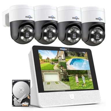Hiseeu 8MP Kit Cámaras de Vigilancia PoE,Monitor LCD de 12'' con 8CH NVR,4X8MP Cámara IP PoE de Vigilancia Exterior con Visión Nocturna en Color， IP66 Impermeable，Grabación 24/7，Audio Bidireccional