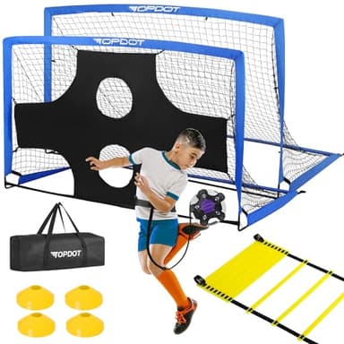 Juego de 2 porterías de fútbol para niños, 180 x 120 cm, para entrenamiento en el patio trasero y juegos deportivos hinchables al aire libre, incluye fútbol, escalera, cono, puerta de tiro,