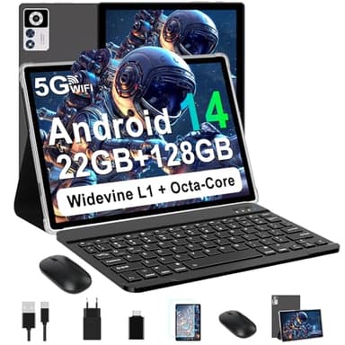 ZIOVO Android 14 Tablet 10 Pulgadas, 22GB RAM+128GB ROM (TF 1TB), 5G WiFi, Widevine L1/Octa-Core/2.0 GHz/8000mAh/Cuerpo Metálico/8+5MP/Tablet 2 en 1 con Teclado y Ratón- Negro