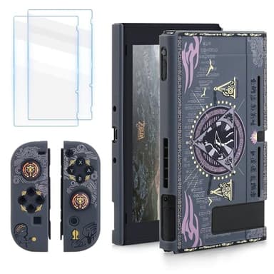 RHOTALL Carcasa rígida compatible con Nintendo Switch para Legend of Zelda, juego de funda protectora para Switch y controlador Joycon con 2 protectores de pantalla y 2 tapas temáticas para el pulgar