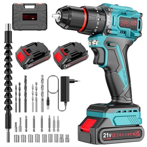 Brushless Taladro Percutor a Bateria 21V, Taladro Atornillador Electrico, Taladro Atornillador Batería ( 2x2.0Ah Baterías, 24 Accesorios, 55 Nm, 23+3 Ajuste de Par, 2 Velocidad)