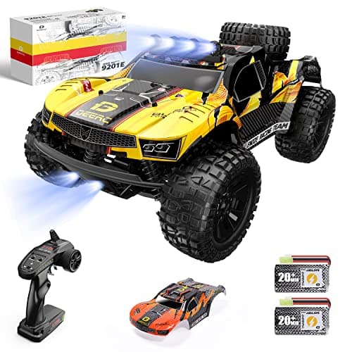 DEERC Coche teledirigido 1:10 con luces RC 48 km/h 4WD Offroad Hobby Grade Monster Crawler con 2 baterías de 40 minutos de autonomía, 2 bandejas para coche, para adultos, niños (9201E)