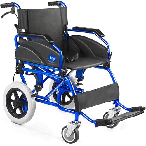 AIESI® Silla de Ruedas plegable Ultra-ligera de aluminio con freno para discapacitados y mayores AGILA TRANSIT, Doble sistema de frenado, Cinturon de seguridad, Garantía de 24 meses