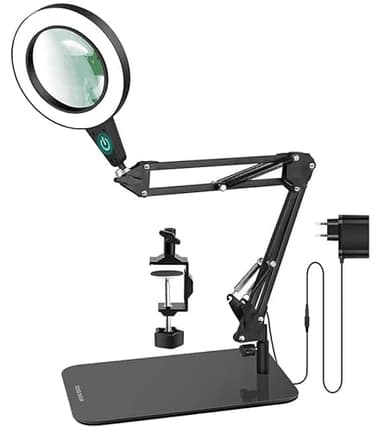 Lupa de Gran Aumento de 20 dioptrías, 2 en 1 Lámpara de Escritorio con Base Grande y Abrazadera,Control Táctil, 5 Modos de Color sin escalonamiento,Lupa con Luz LED para Manualidades