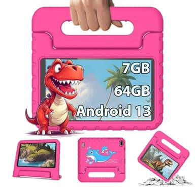 Tableta infantil 7 pulgadas, tableta Android 13, 4 núcleos, 7gb Ram 64GB ROM (tf 512gb), batería 3500mAh, cámara 5MP + 8MP, educación infantil, control parental, WiFi 6, Bluetooth 5.0, tapa roja Eva
