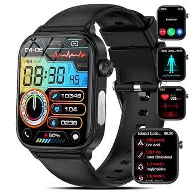2024 HRV+ECG Reloj Inteligente con 𝐆𝐥𝐮𝐜𝐞𝐦𝐢𝐚/Ácido Úrico/Lípidos, 1.96" Smartwatch con BMI/Fatiga/Emociones, 24/7 Temperatura Corporal, Presión Arterial, Sueño para Android iOS, Botón de SOS