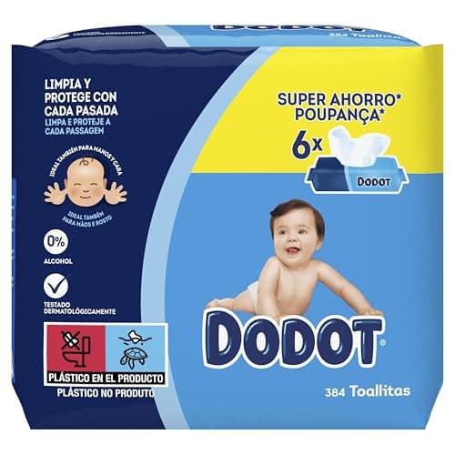 Dodot Toallitas Bebé Seco para Bebé, 384 toallitas, recupera el pH de la piel del bebé (6 Paquetes de 64)
