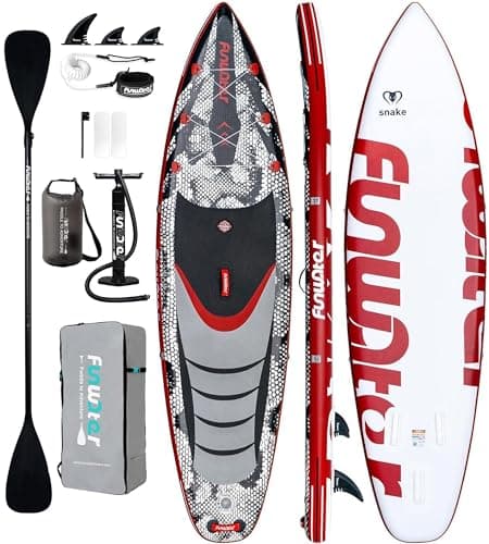 FunWater Tabla de Paddle Surf Hinchable, Ultraligera para Todos los Niveles, Tabla de Paddle Surf con Remo Ajustable, Bomba, Mochila, Correa de Seguridad, Funda Impermeable para Teléfono Móvil