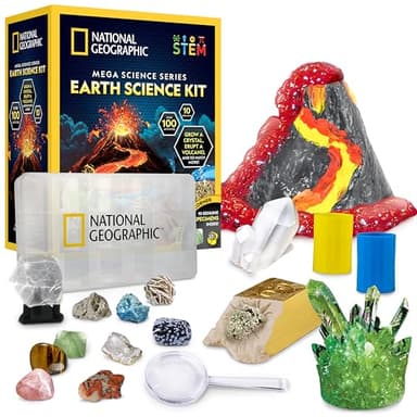 National Geographic Kit de Ciencia para Niños – Juguete CTIM con Más de 15 Actividades y Experimentos para Niños – Cultivo de Cristales, Juego de Volcán, 2 Sets de Excavación y 10 Piedras Naturales