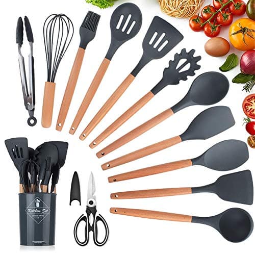 Utensilios Cocina de Silicona,KagoLing 12Piezas + 1Tijeras Cocina Juego de Utensilios de Cocina Resistentes al Calor y Antiadherentes con Mango de Madera para Utensilios (Gris)