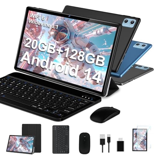 SUAAT Tableta 2025 Newest Tablet 10 Pulgadas Android 14, 20GB RAM+128GB ROM/1TB TF, 8-Core, Widevine L1/WiFi 6/Bluetooth 5.0/6000mAh/GMS Certified/8MP+5MP/Tablet PC con Funda, Teclado y Ratón, Negro