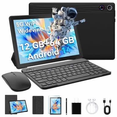 MUJENYZ Tablet 10 Pulgadas Android 14,12GB RAM+64GB ROM(TF 1TB),Widevine L1/Face Recognition Unlock/WiFi 6,Kit Tablet 8en1(con Lápiz Stylus+Funda Protectora+Ratón Inalámbrico + Auriculares)