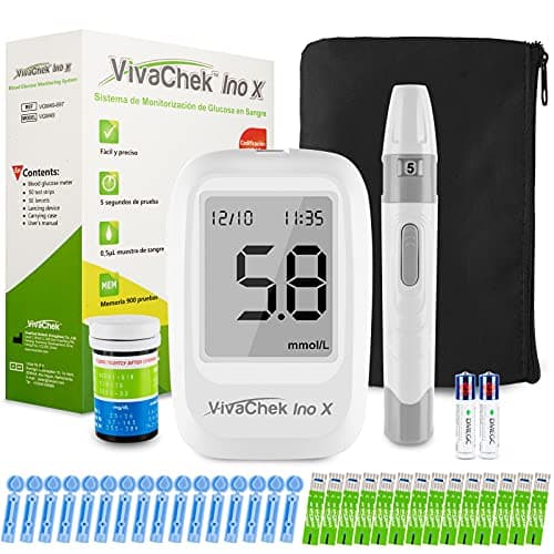 Medidor de glucosa en sangre, kit medidor azucar en sangre con tiras de prueba de glucosa en sangre 50, recordatorios de prueba y 900 memorias por VivaChek Ino X glucometro mg/dL