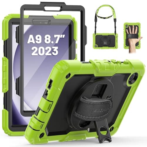SEYMAC Funda para Samsung Galaxy Tab A9 8,7" 2023 con Protector de Pantalla, Soporte para S Pen, Funda Robusta con Correa de Mano Giratoria de 360 ​​Grados y Correa para el Hombro para Tab A9, Verde