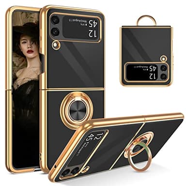 YINLAI Funda para Samsung Galaxy Z Flip 3 5G, funda para teléfono móvil Samsung Z Flip 3 con anillo magnético de oro 360, soporte de anillo de soporte, suave purpurina silicona TPU Slim Cover Case