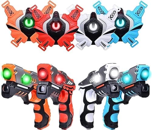 OKKIDY Set de Etiquetas láser infrarrojas 4 Active Infrarrojo - Pistola con Chalecos 4 Jugadores LaserTag Blaster para niños y Adultos Juguetes para niños y Adultos Interiores al Aire Libre Jardín