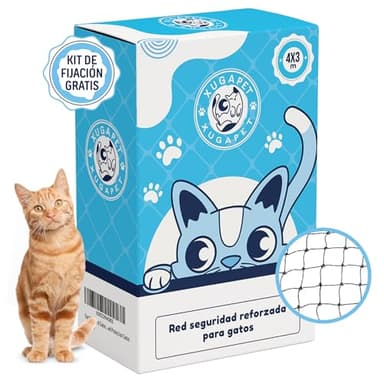 XugaPet® Red para Gatos Reforzada | Ganchos Adhesivos | 4x3m | Redes para Gatos | Malla Metálica | Red para Gatos Terraza | Red Gatos sin Taladro | Red | Gatos Accesorios