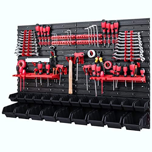 PAFEN Caja apilable para pared de herramientas, 1152 x 780 mm, sistema de almacenamiento, soportes para herramientas y 23 cajas negras, estantería de pared, estantería de taller, estantería perforada,