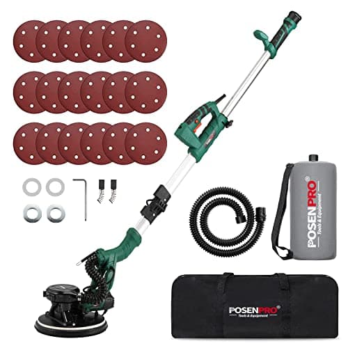 POSENPRO Lijadora de Pared Eléctrica 810W 500-2100 RPM, con 5 Velocidades Ajustables, 18 Unidades de Papel de Lija, Mango Extensible Plegable, Sistema Automático de Recolección de Polvo, Luz LED