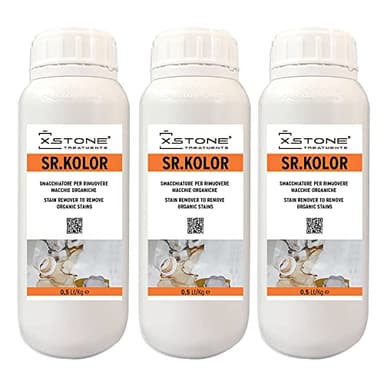 QUITAMANCHAS para eliminar MANCHAS ORGÁNICAS como Café, Vino, Madera, Frutas, Hierba, Flores, Sangre en piedras naturales, etc. Envase 3 x 0,5 Litros