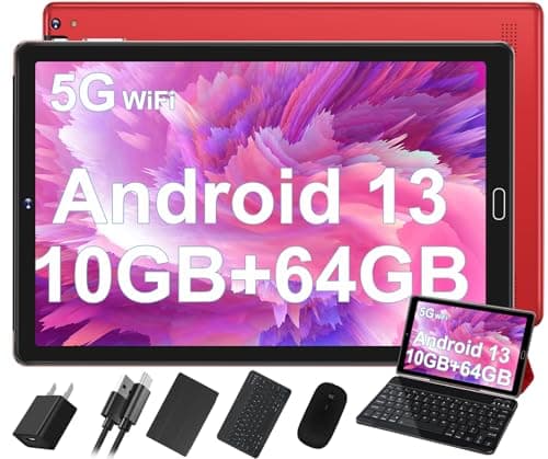GOODTEL 2025 Newest Tablet 10 Pulgadas Android 13, 10GB RAM+64GB ROM (TF 1TB), CPU Octa-Core, 6000mAh, Dual WiFi, BT 5.0, Face ID, 5MP+8MP, Teclado y Ratón (Rojo)