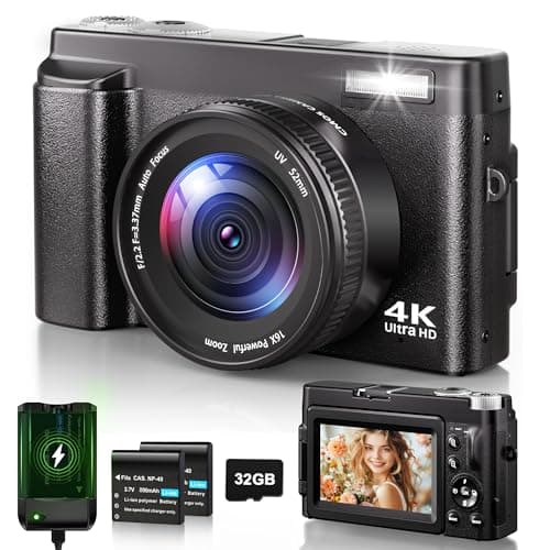 Cámara Digital 4K, Cámara de Fotos con Enfoque Automático de 48MP 16X Zoom, LCD Vlog Compacta Fotográfica HD con Estación de Carga, Baterías 2 * 800 mAh, Tarjeta de 32GB para Principiantes, Niños