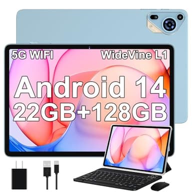 Tablet 10 Pulgadas Android 14 con 22 GB RAM + 128 GB ROM (Ampliable a 1TB), Widevine L1 Tablets, 5G Wi-Fi, GPS, 8000 mAh, 8 Cores 2.0 GHz, 5MP + 8MP, FHD Tablet con Teclado + Ratón + Funda,Azul Cielo