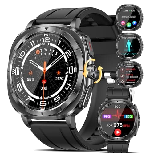Reloj Inteligente con ECG/𝐆𝐥𝐮𝐜𝐞𝐦𝐢𝐚/HRV/Ácido Úrico/Lípidos/BMI/Presión Arterial/Temperatura Corporal, 1.43" AMOLED Salud Smartwatch con NFC Abre La Puerta, Botón de SOS, Sueño para Android iOS